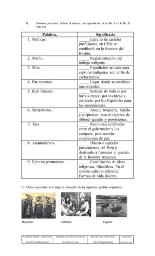 Academia Iquique – Bajo Molle
Nombre Establecimiento
Preparado por: Rocío Figueroa
Nombre Docente
Revisado por: Karem Báez.
Jefe de Departamento
15/06/2018
Página 3 de 5
II. Términos pareados: Señala el número correspondiente de la fila A en la fila B.
1 pto c/u.
Palabra. Significado
1. Malocas. _____ Ejército de carácter
profesional, en Chile se
estableció en la frontera del
Biobío.
2. Malón. _____ Reglamentación del
trabajo indígena.
3. Mita. _____ Expedición armada para
capturar indígenas con el fin de
esclavizarlos.
4. Parlamentos. _____ Lugar donde se establece
una sociedad.
5. Real Situado. _____ Sistema de trabajo por
turnos creado por los Incas y
adoptado por los Españoles para
las encomiendas.
6. Sincretismo. _____ Ataque Mapuche, rápido
y sorpresivo, con el objetivo de
obtener ganado y provisiones.
7. Tasa. _____ Reuniones celebradas
entre el gobernador y los
caciques, para acordar
condiciones de paz.
8. Asentamiento. _____ Dinero o especies
provenientes del Perú y
destinado a financiar al ejercito
de la frontera Araucana.
9. Ejercito permanente. _____ Conciliación de ideas,
religiosas, filosóficas. En el
ámbito cultural diferente.
Formas de vida distinta.
III- Ubica encerrando en el mapa la ubicación de los siguientes pueblos originarios.
Mapuches Selknam Yaganes
 