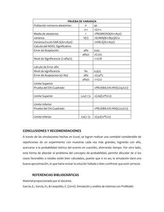 PRUEBA DE VARIANZA
Población números aleatorios: n 40
n-1 =G11-1
Media de aleatorios r =PROMEDIO(A11:A50)
varianza V(r) =SUMA(B11:B50)/G12
Varianza Excel=VAR.S(A11:A50) =VAR.S(A11:A50)
Calculo del NIVEL Significativo
Error de Aceptación alfa 0,05
alfa/2 =G17/2
Nivel de Significancia: (1-alfa/2) =1-G18
calculo de Error alfa
Nivel de significancia Ns 0,975
Error de Aceptacion:2(1-Ns) alfa =G24*2
alfa/2 =1-G22
Limite Superior
Prueba del Chi Cuadrado =PRUEBA.CHI.INV(G24;G12)
Limite Superior Lsv( r )= =G26/(12*G12)
Límite Inferior
Prueba del Chi Cuadrado =PRUEBA.CHI.INV(G22;G12)
Límite inferior Liv( r )= =G31/(12*G12)
CONCLUSIONES Y RECOMENDACIONES
A través de las simulaciones hechas en Excel, se logran realizar una cantidad considerable de
repeticiones de un experimento con muestras cada vez más grandes, logrando con ello,
acercarse a la probabilidad teórica del evento en cuestión, ahorrando tiempo. Por otro lado,
esta forma de abordar el problema del concepto de probabilidad, permite dilucidar de si los
casos favorables o totales están bien calculados, puesto que si es así, la simulación dará una
buena aproximación, lo que haría revisar la solución hallada o bien confirmar que está correcta.
REFERENCIAS BIBLIOGRÁFICAS
Material proporcionado por el docente.
García, E., García, H., & Leopoldo, C. (2010). Simulación y análisis de sistemas con ProModel.
 