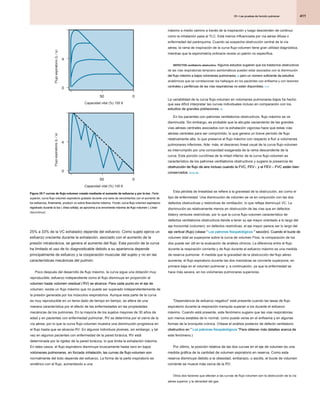 411
25 • Las pruebas de función pulmonar
25 • Las pruebas de función pulmonar
25 • Las pruebas de función pulmonar
máximo a medio camino a través de la inspiración y luego descienden de continuo
como la inhalación pasa al TLC. Está menos influenciada por vía aérea difusa o
enfermedad del parénquima. Cuando se sospecha obstrucción central de la vía
aérea, la rama de inspiración de la curva flujo-volumen tiene gran utilidad diagnóstica,
mientras que la espirometría ordinaria revela un patrón no específica.
DEFECTOS ventilatorio obstructivo. Algunos estudios sugieren que los trastornos obstructivos
DEFECTOS ventilatorio obstructivo. Algunos estudios sugieren que los trastornos obstructivos
de las vías respiratorias temprano asintomáticos pueden estar asociados con la disminución
del flujo máximo a bajos volúmenes pulmonares, 26 pero un número suficiente de estudios
del flujo máximo a bajos volúmenes pulmonares, 26 pero un número suficiente de estudios
del flujo máximo a bajos volúmenes pulmonares, 26 pero un número suficiente de estudios
anatómicos que se correlacionan los hallazgos en los pacientes con enfisema y con lesiones
centrales y periféricas de las vías respiratorias no están disponibles. 17,27
centrales y periféricas de las vías respiratorias no están disponibles. 17,27
La variabilidad de la curva flujo-volumen en volúmenes pulmonares bajos ha hecho
que sea difícil interpretar las curvas individuales incluso en comparación con los
estudios de grandes poblaciones. 28
estudios de grandes poblaciones. 28
En los pacientes con patrones ventilatorios obstructivos, flujo máximo se ve
disminuida. Sin embargo, es probable que la abrupta vaciamiento de las grandes
vías aéreas centrales asociados con la exhalación vigorosa hace que estas vías
aéreas centrales para ser comprimido, lo que genera un breve período de flujo
relativamente alta, lo que preserva el flujo máximo con respecto a fluir a volúmenes
pulmonares inferiores. Ade- más, el descenso lineal usual de la curva flujo-volumen
es interrumpido por una concavidad exagerada de la rama descendente de la
curva. Esta porción curvilínea de la mitad inferior de la curva flujo-volumen es
característico de los patrones ventilatorios obstructivos y sugiere la presencia de
obstrucción de flujo de aire incluso cuando la FVC, FEV 1, y el FEV 1 / FVC están bien
obstrucción de flujo de aire incluso cuando la FVC, FEV 1, y el FEV 1 / FVC están bien
obstrucción de flujo de aire incluso cuando la FVC, FEV 1, y el FEV 1 / FVC están bien
obstrucción de flujo de aire incluso cuando la FVC, FEV 1, y el FEV 1 / FVC están bien
obstrucción de flujo de aire incluso cuando la FVC, FEV 1, y el FEV 1 / FVC están bien
conservados. 29,30,30a
conservados. 29,30,30a
Esta pérdida de linealidad se refiere a la gravedad de la obstrucción, así como el
tipo de enfermedad. Una disminución de volumen se ve en conjunción con las dos
defectos obstructivas y restrictivas de ventilación, lo que refleja disminuyó VC. La
disminución es relativamente menos en obstrucción de las vías que en defectos
tilatory ventures restrictivas, por lo que la curva flujo-volumen característico de
defectos ventilatorios obstructivos tiende a tener su eje mayor orientado a lo largo del
eje horizontal (volumen); en defectos restrictivas, el eje mayor parece ser lo largo del
eje vertical (flujo) (véase " Los patrones fisiopatológicos " sección). Cuando el bucle de
eje vertical (flujo) (véase " Los patrones fisiopatológicos " sección). Cuando el bucle de
eje vertical (flujo) (véase " Los patrones fisiopatológicos " sección). Cuando el bucle de
volumen tidal se superpone sobre la curva de volumen Flow, la comparación de los
dos puede ser útil en la evaluación de análisis clínicos. La diferencia entre el flujo
durante la respiración corriente y de flujo durante el esfuerzo máximo es una medida
de reserva pulmonar. A medida que la gravedad de la obstrucción del flujo aéreo
aumenta, el flujo espiratorio durante las dos maniobras se convierte superpone, en
primera baja en el volumen pulmonar y, a continuación, ya que la enfermedad se
hace más severa, en los volúmenes pulmonares superiores.
"Dependencia de esfuerzo negativo" está presente cuando las tasas de flujo
espiratorio durante la respiración tranquila superan a los durante el esfuerzo
máximo. Cuando está presente, este fenómeno sugiere que las vías respiratorias
son menos estables de lo normal, como puede verse en el enfisema y en algunas
formas de la bronquitis crónica. (Véase el análisis posterior de defecto ventilatorio
obstructivo en " Los patrones fisiopatológicos "Para obtener más detalles acerca de
obstructivo en " Los patrones fisiopatológicos "Para obtener más detalles acerca de
obstructivo en " Los patrones fisiopatológicos "Para obtener más detalles acerca de
este fenómeno.)
Por último, la posición relativa de las dos curvas en el eje de volumen es una
medida gráfica de la cantidad de volumen espiratorio en reserva. Como esta
reserva disminuye debido a la obesidad, embarazo, o ascitis, el bucle de volumen
corriente se mueve más cerca de la RV.
Otros dos factores que afectan a las curvas de flujo-volumen son la obstrucción de la vía
aérea superior y la densidad del gas.
25% a 33% de la VC exhalado) depende del esfuerzo. Como sujeto ejerce un
esfuerzo creciente durante la exhalación, asociado con el aumento de la
presión intratorácica, se genera el aumento del flujo. Esta porción de la curva
ha limitado el uso de tic diagnosticable debido a su apariencia depende
principalmente de esfuerzo y la cooperación muscular del sujeto y no en las
características mecánicas del pulmón.
Poco después del desarrollo de flujo máximo, la curva sigue una dotación muy
reproducible, esfuerzo independiente como el flujo disminuye en proporción al
volumen hasta volumen residual ( RV) se alcanza. Para cada punto en el eje de
volumen hasta volumen residual ( RV) se alcanza. Para cada punto en el eje de
volumen hasta volumen residual ( RV) se alcanza. Para cada punto en el eje de
volumen, existe un flujo máximo que no puede ser superado independientemente de
la presión generada por los músculos respiratorios. Aunque esta parte de la curva
es muy reproducible en un tema dado de tiempo en tiempo, se altera de una
manera característica por el efecto de las enfermedades en las propiedades
mecánicas de los pulmones. En la mayoría de los sujetos mayores de 30 años de
edad y en pacientes con enfermedad pulmonar, RV se determina por el cierre de la
vía aérea, por lo que la curva flujo-volumen muestra una disminución progresiva en
el flujo hasta que se alcanza RV. En algunos individuos jóvenes, sin embargo, y tal
vez en algunos pacientes con enfermedad de la pared torácica, RV está
determinada por la rigidez de la pared torácica, lo que limita la exhalación máxima.
En tales casos, el flujo espiratorio disminuye bruscamente hasta cero en bajos
volúmenes pulmonares. en forzada inhalación, las curvas de flujo-volumen son
volúmenes pulmonares. en forzada inhalación, las curvas de flujo-volumen son
volúmenes pulmonares. en forzada inhalación, las curvas de flujo-volumen son
normalmente del todo depende del esfuerzo. La forma de la parte inspiratorio es
simétrico con el flujo, aumentando a una
Figura 25-7 curvas de flujo-volumen creado mediante el aumento de esfuerzo y por la tos. Parte
Figura 25-7 curvas de flujo-volumen creado mediante el aumento de esfuerzo y por la tos. Parte
Figura 25-7 curvas de flujo-volumen creado mediante el aumento de esfuerzo y por la tos. Parte
superior, curva flujo-volumen espiratorio grabado durante una serie de vencimientos con el aumento de
superior, curva flujo-volumen espiratorio grabado durante una serie de vencimientos con el aumento de
los esfuerzos, finalmente, producir un sobre flowvolume máxima. Fondo, curva flujo-volumen espiratorio
los esfuerzos, finalmente, producir un sobre flowvolume máxima. Fondo, curva flujo-volumen espiratorio
los esfuerzos, finalmente, producir un sobre flowvolume máxima. Fondo, curva flujo-volumen espiratorio
registrado durante la tos ( línea sólida), se aproxima a la envolvente máxima de flujo-volumen ( Linea
registrado durante la tos ( línea sólida), se aproxima a la envolvente máxima de flujo-volumen ( Linea
registrado durante la tos ( línea sólida), se aproxima a la envolvente máxima de flujo-volumen ( Linea
registrado durante la tos ( línea sólida), se aproxima a la envolvente máxima de flujo-volumen ( Linea
discontinua).
Capacidad vital (%) 100 8
4
0
50
Capacidad vital (%) 100 8
4
0
50
0
0
Flujo
espiratorio
(L
/
s)
Flujo
espiratorio
(L
/
s)
 