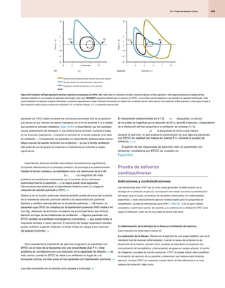 445
26 • Prueba de esfuerzo clínica
26 • Prueba de esfuerzo clínica
26 • Prueba de esfuerzo clínica
El mecanismo predominante es V / Q
El mecanismo predominante es V / Q UN desigualdad, los efectos
de los cuales se magnifican por la reducción de CV O 2 durante el ejercicio. 89 Dependiendo
de los cuales se magnifican por la reducción de CV O 2 durante el ejercicio. 89 Dependiendo
de los cuales se magnifican por la reducción de CV O 2 durante el ejercicio. 89 Dependiendo
de los cuales se magnifican por la reducción de CV O 2 durante el ejercicio. 89 Dependiendo
de los cuales se magnifican por la reducción de CV O 2 durante el ejercicio. 89 Dependiendo
de los cuales se magnifican por la reducción de CV O 2 durante el ejercicio. 89 Dependiendo
de los cuales se magnifican por la reducción de CV O 2 durante el ejercicio. 89 Dependiendo
de la distribución del flujo sanguíneo y la ventilación, sin embargo, V / Q
de la distribución del flujo sanguíneo y la ventilación, sin embargo, V / Q
UN la desigualdad de hecho puede mejorar
durante el ejercicio, lo que explica la observación de que algunos pacientes
con EPOC en realidad ver mejora en arterial P O 2 durante la prueba de
con EPOC en realidad ver mejora en arterial P O 2 durante la prueba de
con EPOC en realidad ver mejora en arterial P O 2 durante la prueba de
con EPOC en realidad ver mejora en arterial P O 2 durante la prueba de
esfuerzo. 124,125
esfuerzo. 124,125
El patrón de las respuestas de ejercicio visto en pacientes con
limitación ventilatoria por EPOC se muestra en
Figura 26-6 .
Figura 26-6 .
Prueba de esfuerzo
cardiopulmonar
Indicaciones y contraindicaciones
Las indicaciones para CPET tipo en cinco áreas generales: la determinación de la
etiología de la limitación al ejercicio, la evaluación del estado funcional, la estratificación
del riesgo para la cirugía, pronosticar los resultados relacionados con enfermedades
específicas, y crear individualmente ejercicio recetas lizados para los programas de
rehabilitación. La lista de indicaciones para CPET ( Tabla 26-1 ) Es en gran medida
rehabilitación. La lista de indicaciones para CPET ( Tabla 26-1 ) Es en gran medida
rehabilitación. La lista de indicaciones para CPET ( Tabla 26-1 ) Es en gran medida
compilados a partir de la opinión de expertos, y la evidencia de la utilidad de CPET varía
según la indicación, cada uno de los cuales se revisa más tarde.
La determinación de la etiología de la disnea y la limitación del ejercicio
( para la discusión de la disnea véase el Capítulo 29)
( para la discusión de la disnea véase el Capítulo 29)
La evaluación de la disnea. Disnea con el ejercicio es una queja subjetivo que es el
La evaluación de la disnea. Disnea con el ejercicio es una queja subjetivo que es el
resultado final de diversas enfermedades. Cuando la causa de la disnea no se
desprende de la historia, examen físico, pruebas de laboratorio (incluyendo una
concentración de hemoglobina y descansando de gases en sangre arterial), el pecho
de imágenes y pruebas de función pulmonar, CPET se puede utilizar para cuantificar
la limitación del ejercicio de un paciente y determinar qué sistema está limitando
ejercicio. Aunque CPET en ocasiones puede reducir la lista diferencial a un solo
sistema de limitación, tales como
pacientes con EPOC deben aumentar los volúmenes pulmonares final de la espiración
y la merma en sus volumen de reserva inspiratorio con el fin de aumentar V mi a medida
y la merma en sus volumen de reserva inspiratorio con el fin de aumentar V mi a medida
y la merma en sus volumen de reserva inspiratorio con el fin de aumentar V mi a medida
y la merma en sus volumen de reserva inspiratorio con el fin de aumentar V mi a medida
que aumenta la actividad metabólica ( Higo. 26-5 ). La hiperinflación que los resultados
que aumenta la actividad metabólica ( Higo. 26-5 ). La hiperinflación que los resultados
que aumenta la actividad metabólica ( Higo. 26-5 ). La hiperinflación que los resultados
causas aplanamiento del diafragma, lo que limita la fuerza contráctil, aumenta la fatiga
de los músculos respiratorios, y ocasiona un aumento de la disnea cualquier nivel dado
de ventilación. 113 Curiosamente, los pacientes con hiperinflación dinámica tienen menos
de ventilación. 113 Curiosamente, los pacientes con hiperinflación dinámica tienen menos
de ventilación. 113 Curiosamente, los pacientes con hiperinflación dinámica tienen menos
fatiga muscular del aparato locomotor con el ejercicio 114 ya que la bomba ventilatoria
fatiga muscular del aparato locomotor con el ejercicio 114 ya que la bomba ventilatoria
fatiga muscular del aparato locomotor con el ejercicio 114 ya que la bomba ventilatoria
falla antes de que los grupos de músculos no respiratorios se enfrentan a cargas
significativas.
hiperinflación dinámica también tiene efectos hemodinámicos significativos,
incluyendo alteraciones en la precarga cardiaca y la poscarga que posteriormente
impiden la función cardiaca y se manifiestan como una disminución de la V HR
impiden la función cardiaca y se manifiestan como una disminución de la V HR
O 2 /
O 2 / . La magnitud de este
problema se correlaciona inversamente con el aumento de los volúmenes
pulmonares final de la espiración, 115 y la mejora puede verse siguientes
pulmonares final de la espiración, 115 y la mejora puede verse siguientes
pulmonares final de la espiración, 115 y la mejora puede verse siguientes
intervenciones que disminuyen la hiperinflación dinámica como La cirugía de
intervenciones que disminuyen la hiperinflación dinámica como La cirugía de
reducción de volumen pulmonar ( CRVP). 116
reducción de volumen pulmonar ( CRVP). 116
reducción de volumen pulmonar ( CRVP). 116
Deterioro de la función ventricular derecha también puede derivarse del aumento
de la resistencia vascular pulmonar debido a la vasoconstricción pulmonar
hipóxica y cambios estructurales en la circulación pulmonar. 117 De hecho, en
hipóxica y cambios estructurales en la circulación pulmonar. 117 De hecho, en
hipóxica y cambios estructurales en la circulación pulmonar. 117 De hecho, en
pacientes cuya EPOC se complica por la hipertensión pulmonar (PAP media ≥ 40
pacientes cuya EPOC se complica por la hipertensión pulmonar (PAP media ≥ 40
pacientes cuya EPOC se complica por la hipertensión pulmonar (PAP media ≥ 40
mm Hg), alteración de la función circulatoria es el principal factor que limita el
ejercicio en lugar de las limitaciones de ventilación. 118 Algunos pacientes con
ejercicio en lugar de las limitaciones de ventilación. 118 Algunos pacientes con
ejercicio en lugar de las limitaciones de ventilación. 118 Algunos pacientes con
EPOC también se manifiesta incompetencia cronotrópica, 119 que puede limitar la
EPOC también se manifiesta incompetencia cronotrópica, 119 que puede limitar la
EPOC también se manifiesta incompetencia cronotrópica, 119 que puede limitar la
respuesta cardiaca a hacer ejercicio. El aumento del trabajo respiratorio también
puede contribuir a ejercer limitación al limitar el flujo de sangre a los músculos
del aparato locomotor. 120
del aparato locomotor. 120
Otra característica importante de ejercicio progresivo en pacientes con
EPOC es el inicio de la hipoxemia con una ensanchada (Aa) P O 2. Este
EPOC es el inicio de la hipoxemia con una ensanchada (Aa) P O 2. Este
EPOC es el inicio de la hipoxemia con una ensanchada (Aa) P O 2. Este
EPOC es el inicio de la hipoxemia con una ensanchada (Aa) P O 2. Este
problema se correlaciona con una reducción en la capacidad de difusión, 121 es
problema se correlaciona con una reducción en la capacidad de difusión, 121 es
problema se correlaciona con una reducción en la capacidad de difusión, 121 es
más común cuando la EPOC se debe a un enfisema en lugar de a la
bronquitis crónica, es más grave en los pacientes con hipertensión pulmonar, 122
bronquitis crónica, es más grave en los pacientes con hipertensión pulmonar, 122
y es más prominente con el caminar como opuesta a la bicicleta. 123
y es más prominente con el caminar como opuesta a la bicicleta. 123
Figura 26-5 limitación del flujo espiratorio durante el ejercicio en pacientes con EPOC. UN, Patrón típico en individuos normales. Durante el ejercicio, el flujo espiratorio ( línea negro) permanece por debajo del flujo
Figura 26-5 limitación del flujo espiratorio durante el ejercicio en pacientes con EPOC. UN, Patrón típico en individuos normales. Durante el ejercicio, el flujo espiratorio ( línea negro) permanece por debajo del flujo
Figura 26-5 limitación del flujo espiratorio durante el ejercicio en pacientes con EPOC. UN, Patrón típico en individuos normales. Durante el ejercicio, el flujo espiratorio ( línea negro) permanece por debajo del flujo
Figura 26-5 limitación del flujo espiratorio durante el ejercicio en pacientes con EPOC. UN, Patrón típico en individuos normales. Durante el ejercicio, el flujo espiratorio ( línea negro) permanece por debajo del flujo
Figura 26-5 limitación del flujo espiratorio durante el ejercicio en pacientes con EPOC. UN, Patrón típico en individuos normales. Durante el ejercicio, el flujo espiratorio ( línea negro) permanece por debajo del flujo
Figura 26-5 limitación del flujo espiratorio durante el ejercicio en pacientes con EPOC. UN, Patrón típico en individuos normales. Durante el ejercicio, el flujo espiratorio ( línea negro) permanece por debajo del flujo
espiratorio obtenido en una maniobra de capacidad vital forzada ( línea azul). SEGUNDO, esquemas similares para un paciente con EPOC. La curva flujo-volumen obtenido en una maniobra de capacidad vital forzada ( línea
espiratorio obtenido en una maniobra de capacidad vital forzada ( línea azul). SEGUNDO, esquemas similares para un paciente con EPOC. La curva flujo-volumen obtenido en una maniobra de capacidad vital forzada ( línea
espiratorio obtenido en una maniobra de capacidad vital forzada ( línea azul). SEGUNDO, esquemas similares para un paciente con EPOC. La curva flujo-volumen obtenido en una maniobra de capacidad vital forzada ( línea
espiratorio obtenido en una maniobra de capacidad vital forzada ( línea azul). SEGUNDO, esquemas similares para un paciente con EPOC. La curva flujo-volumen obtenido en una maniobra de capacidad vital forzada ( línea
espiratorio obtenido en una maniobra de capacidad vital forzada ( línea azul). SEGUNDO, esquemas similares para un paciente con EPOC. La curva flujo-volumen obtenido en una maniobra de capacidad vital forzada ( línea
azul) se desplaza a la izquierda (mayores volúmenes) y curvilínea, especialmente en bajos volúmenes pulmonares, en relación con el individuo normal ( línea marrón). Con el ejercicio, el flujo espiratorio ( línea negro) es igual al
azul) se desplaza a la izquierda (mayores volúmenes) y curvilínea, especialmente en bajos volúmenes pulmonares, en relación con el individuo normal ( línea marrón). Con el ejercicio, el flujo espiratorio ( línea negro) es igual al
azul) se desplaza a la izquierda (mayores volúmenes) y curvilínea, especialmente en bajos volúmenes pulmonares, en relación con el individuo normal ( línea marrón). Con el ejercicio, el flujo espiratorio ( línea negro) es igual al
azul) se desplaza a la izquierda (mayores volúmenes) y curvilínea, especialmente en bajos volúmenes pulmonares, en relación con el individuo normal ( línea marrón). Con el ejercicio, el flujo espiratorio ( línea negro) es igual al
azul) se desplaza a la izquierda (mayores volúmenes) y curvilínea, especialmente en bajos volúmenes pulmonares, en relación con el individuo normal ( línea marrón). Con el ejercicio, el flujo espiratorio ( línea negro) es igual al
azul) se desplaza a la izquierda (mayores volúmenes) y curvilínea, especialmente en bajos volúmenes pulmonares, en relación con el individuo normal ( línea marrón). Con el ejercicio, el flujo espiratorio ( línea negro) es igual al
flujo espiratorio máximo sobre una parte de la exhalación. RV, el volumen residual; TLC, la capacidad pulmonar total.
- 6
- 4
- 2 0
2
4
6
6
UN segundo
5
TLC
Predicho bucle máxima de flujo-volumen del circuito máxima
de flujo-volumen de marea durante la respiración a
respiración corriente de descanso con el ejercicio
RV TLC RV
4 Volumen
(L)
3 2
8
- 6
- 4
- 2 0
2
4
6
7 6 5 4
Volumen (L)
3 2
8
Flow
(L
/
s)
Flow
(L
/
s)
 