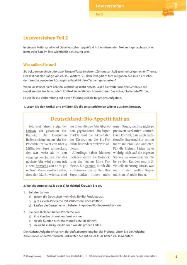 Prüfungstraining Telc Deutsch B1 Cornelsen Lösungen Pdf Pruefungstraining zertifikat telc deutsch b1 ocr | PDF