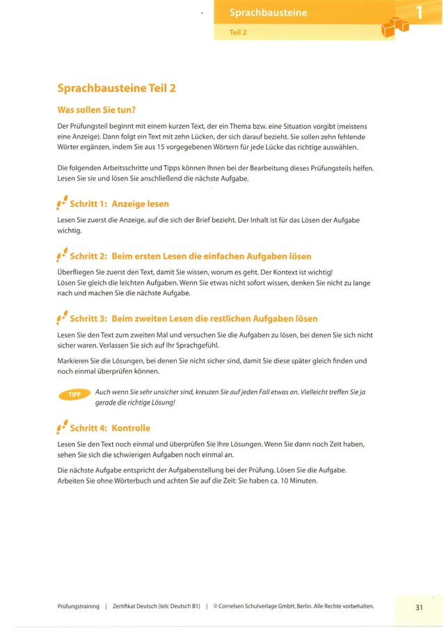 Prüfungstraining Telc Deutsch B1 Cornelsen Lösungen Pdf Pruefungstraining zertifikat telc deutsch b1 ocr | PDF