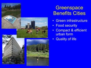 Greenspace Benefits Cities Green infrastructure Food security Compact & efficient urban form  Quality of life 