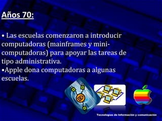 Años 70:
• Las escuelas comenzaron a introducir
computadoras (mainframes y mini-
computadoras) para apoyar las tareas de
tipo administrativa.
•Apple dona computadoras a algunas
escuelas.
Tecnologías de Información y comunicación
 