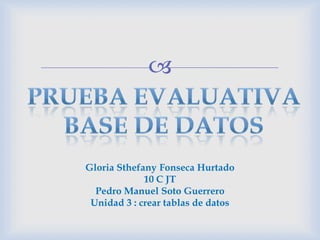 
Gloria Sthefany Fonseca Hurtado
10 C JT
Pedro Manuel Soto Guerrero
Unidad 3 : crear tablas de datos
 