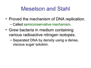 Meselson and Stahl
• Proved the mechanism of DNA replication.
– Called semiconservative mechanism.
• Grew bacteria in medium containing
various radioactive nitrogen isotopes.
– Separated DNA by density using a dense,
viscous sugar solution.
 