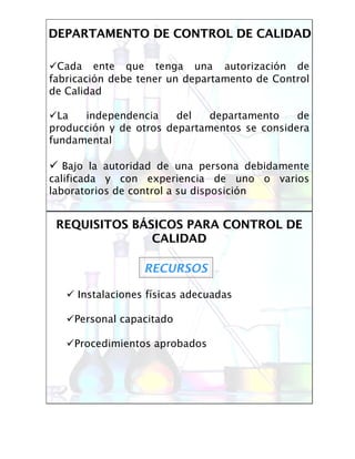 DEPARTAMENTO DE CONTROL DE CALIDADDEPARTAMENTO DE CONTROL DE CALIDAD
Cada ente que tenga una autorización de
fabricación debe tener un departamento de Control
de Calidad
La independencia del departamento de
producción y de otros departamentos se considera
fundamental
Bajo la autoridad de una persona debidamente
calificada y con experiencia de uno o varios
laboratorios de control a su disposición
REQUISITOS BREQUISITOS BÁÁSICOS PARA CONTROL DESICOS PARA CONTROL DE
CALIDADCALIDAD
RECURSOS
Instalaciones físicas adecuadas
Personal capacitado
Procedimientos aprobados
 