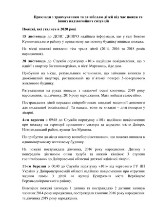 Приклади з травмуванням та загибеллю дітей під час пожеж та
інших надзвичайних ситуацій
Пожежі, які сталися в 2020 році
15 листопада до ДСНС ДНІПРО надійшла інформація, що у селі Бикове
Криничанського району у приватному житловому будинку виникла пожежа.
На місці пожежі виявлено тіла трьох дітей (2014, 2016 та 2018 років
народження).
28 листопада до Служби порятунку «101» надійшло повідомлення, що з
однієї з квартир багатоповерхівки, в місті Марганець, йде дим.
Прибувши на місце, рятувальники встановили, що займання виникло у
двокімнатній квартирі, розташованій на п’ятому поверсі 5-поверхового
житлового будинку.
Рятувальники на руках винесли з палаючої оселі хлопчика, 2019 року
народження, та дівчинку, 2016 року народження. Мати вийшла самостійно.
Постраждалих дітей передали співробітникам швидкої медичної допомоги
для подальшої госпіталізації. Та нажаль, вони не вижили – діти померли у
лікарні.
4-го вересня о 09:48 до Служби порятунку «101» надійшло повідомлення
про пожежу на території приватного сектора за адресою: місто Дніпро,
Новокодацький район, вулиця Іси Мунаєва.
По прибуттю до місця виклику вогнеборці встановили, що пожежа виникла в
одноповерховому житловому будинку.
На пожежі постраждала дівчинка, 2016 року народження. Дитину з
попереднім діагнозом опіки тулуба та нижніх кінцівок 3 ступеня
госпіталізовано до Дніпровської обласної дитячої клінічної лікарні.
11-го березня о 00:40 до Служби порятунку «101» від чергового ГУ НП
України у Дніпропетровській області надійшло повідомлення про отруєння
чадним газом 3 дітей на вулиці Центральна міста Верхівцеве
Верхньодніпровського району.
Внаслідок пожежі загинула 1 дитина та постраждало 2 дитини: загинув
хлопчик 2014 року народження, постраждалихлопчик 2016 року народження
та дівчинка 2019 року народження.
 