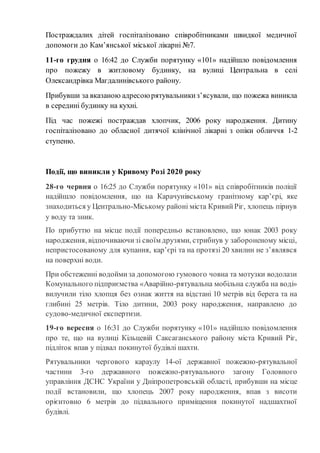 Постраждалих дітей госпіталізовано співробітниками швидкої медичної
допомоги до Кам’янської міської лікарні №7.
11-го грудня о 16:42 до Служби порятунку «101» надійшло повідомлення
про пожежу в житловому будинку, на вулиці Центральна в селі
Олександрівка Магдалинівського району.
Прибувши за вказаною адресою рятувальникиз’ясували, що пожежа виникла
в середині будинку на кухні.
Під час пожежі постраждав хлопчик, 2006 року народження. Дитину
госпіталізовано до обласної дитячої клінічної лікарні з опіки обличчя 1-2
ступеню.
Події, що виникли у Кривому Розі 2020 року
28-го червня о 16:25 до Служби порятунку «101» від співробітників поліції
надійшло повідомлення, що на Карачунівському гранітному кар’єрі, яке
знаходиться у Центрально-Міському районі міста КривийРіг, хлопець пірнув
у воду та зник.
По прибуттю на місце події попередньо встановлено, що юнак 2003 року
народження, відпочиваючизі своїм друзями, стрибнув у забороненому місці,
непристосованому для купання, кар’єрі та на протязі 20 хвилин не з’являвся
на поверхні води.
При обстеженні водоймиза допомогою гумового човна та мотузки водолази
Комунального підприємства «Аварійно-рятувальна мобільна служба на воді»
вилучили тіло хлопця без ознак життя на відстані 10 метрів від берега та на
глибині 25 метрів. Тіло дитини, 2003 року народження, направлено до
судово-медичної експертизи.
19-го вересня о 16:31 до Служби порятунку «101» надійшло повідомлення
про те, що на вулиці Кільцевій Саксаганського району міста Кривий Ріг,
підліток впав у підвал покинутої будівлі шахти.
Рятувальники чергового караулу 14-ої державної пожежно-рятувальної
частини 3-го державного пожежно-рятувального загону Головного
управління ДСНС України у Дніпропетровській області, прибувши на місце
події встановили, що хлопець 2007 року народження, впав з висоти
орієнтовно 6 метрів до підвального приміщення покинутої надшахтної
будівлі.
 