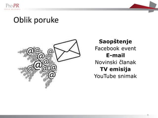 Oblik poruke

                 Saopštenje
               Facebook event
                   E-mail
               Novinski članak
                 TV emisija
               YouTube snimak




                                 9
 