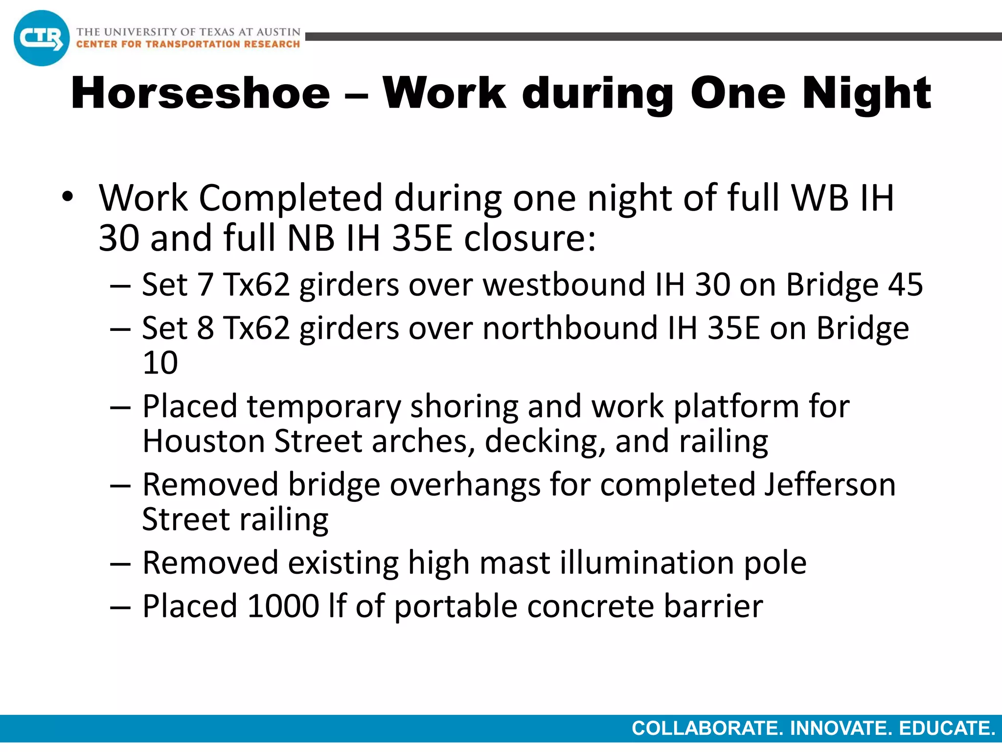 COLLABORATE. INNOVATE. EDUCATE.
Horseshoe – Work during One Night
• Work Completed during one night of full WB IH
30 and full NB IH 35E closure:
– Set 7 Tx62 girders over westbound IH 30 on Bridge 45
– Set 8 Tx62 girders over northbound IH 35E on Bridge
10
– Placed temporary shoring and work platform for
Houston Street arches, decking, and railing
– Removed bridge overhangs for completed Jefferson
Street railing
– Removed existing high mast illumination pole
– Placed 1000 lf of portable concrete barrier
 