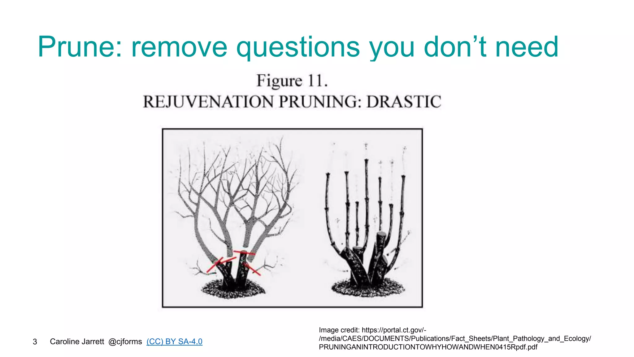 Caroline Jarrett @cjforms (CC) BY SA-4.0
3
Prune: remove questions you don’t need
Image credit: https://portal.ct.gov/-
/media/CAES/DOCUMENTS/Publications/Fact_Sheets/Plant_Pathology_and_Ecology/
PRUNINGANINTRODUCTIONTOWHYHOWANDWHEN0415Rpdf.pdf
 