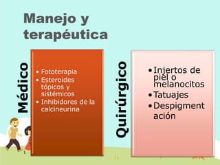 Manejo y
terapéutica
Médico
• Fototerapia
• Esteroides
tópicos y
sistémicos
• Inhibidores de la
calcineurina
Quirúrgico
•Injertos de
piel o
melanocitos
•Tatuajes
•Despigment
ación
 