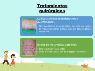 Tratamientos
quirúrgicos
Cultivo autólogo de melanocitos y
queratinocitos
• Piel normal como fuente de células que se lleva a cultivo.
• Se requiere pequeñas cantidades de piel donante para su
realización
Injerto de melanocitos autólogos
• Solo se cultivan melanocitos
• Costo elevado y utilización de mitógenos artificiales
 