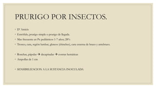 PRURIGO POR INSECTOS.
◦ D’ Amicis
◦ Estrófulo, prurigo simple o prurigo de llegada.
◦ Mas frecuente en Px pediátricos 1-7 años; 28%
◦ Tronco, cara, región lumbar, gluteos (chinches), cara externa de brazo y antebrazo.
◦ Ronchas, pápulas decapitadas costras hemáticas
◦ Ampollas de 1 cm
◦ SENSIBILIZACION A LA SUSTANCIA INOCULADA