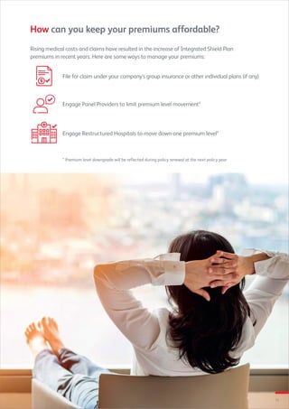 11
Rising medical costs and claims have resulted in the increase of Integrated Shield Plan
premiums in recent years. Here are some ways to manage your premiums:
How can you keep your premiums affordable?
*	Premium level downgrade will be reflected during policy renewal at the next policy year
File for claim under your company's group insurance or other individual plans (if any)
Engage Restructured Hospitals to move down one premium level*
Engage Panel Providers to limit premium level movement*
 