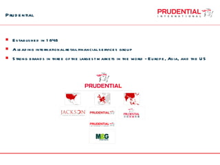 Prudential Established in 1848  A leading international retail financial services group Strong brands in three of the largest markets in the world - Europe, Asia, and the US 