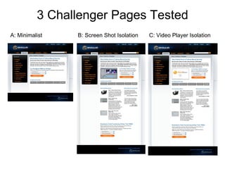 3 Challenger Pages Tested A: Minimalist B: Screen Shot Isolation C: Video Player Isolation 