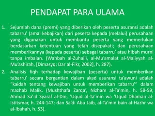PENDAPAT PARA ULAMA Sejumlahdana (premi) yang diberikanolehpesertaasuransiadalahtabarru (amalkebajikan) daripesertakepada (melalui) perusahaan yang digunakanuntukmembantupeserta yang memerlukanberdasarkanketentuan yang telahdisepakati; danperusahaanmemberikannya (kepadapeserta) sebagaitabarru atauhibahmurnitanpaimbalan. (Wahbah al-Zuhaili, al-Muamalat al-Maliyyah al-Muashirah, [Dimasyq: Dar al-Fikr, 2002], h. 287).Analisisfiqhterhadapkewajiban (peserta) untukmemberikantabarru secarabergantiandalamakadasuransitaawuniadalah kaidahtentangkewajibanuntukmemberikantabarru dalammazhabMalik. (MushthafaZarqa, Nizham al-Tamin, h. 58-59; Ahmad SaidSyaraf al-Din, Uqud al-Taminwa UqudDhaman al-Istitsmar, h. 244-147; danSadi Abu Jaib, al-Taminbain al-Hazhrwa al-Ibahah, h. 53).