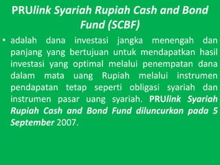 PRUlinkSyariah Rupiah Cash and Bond Fund (SCBF)adalahdanainvestasijangkamenengahdanpanjang yang bertujuanuntukmendapatkanhasilinvestasi yang optimal melaluipenempatandanadalammatauang Rupiah melaluiinstrumenpendapatantetapsepertiobligasisyariahdaninstrumenpasaruangsyariah. PRUlinkSyariah Rupiah Cash and Bond Fund diluncurkanpada 5 September 2007.