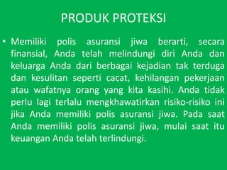 PRODUK PROTEKSIMemiliki polis asuransijiwaberarti, secarafinansial, AndatelahmelindungidiriAndadankeluargaAndadariberbagaikejadiantakterdugadankesulitanseperticacat, kehilanganpekerjaanatauwafatnyaorang yang kitakasihi. Andatidakperlulagiterlalumengkhawatirkanrisiko-risikoinijikaAndamemiliki polis asuransijiwa. PadasaatAndamemiliki polis asuransijiwa, mulaisaatitukeuanganAndatelahterlindungi.