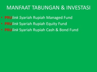 MANFAAT TABUNGAN & INVESTASIPRUlinkSyariah Rupiah Managed Fund PRUlinkSyariah Rupiah Equity Fund PRUlinkSyariah Rupiah Cash & Bond Fund