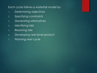 Each cycle follows a waterfall model by:
1. Determining objectives
2. Specifying constraints
3. Generating alternatives
4. Identifying risks
5. Resolving risks
6. Developing next-level product
7. Planning next cycle
 