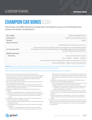 PRÜFORMANCE REWARDS
Version 1.7 © Copyright 2014-2017 Pruvit Ventures, Inc. // PAGE 17
LEADERSHIP REWARDS
Champion car bonus (CCB)
Prüvit will pay up to $800 towards the monthly lease or purchase of a luxury car to all Promoters who
achieve, and maintain, at least Rank 6.
1.	The car must be less than 3 years old at the time of purchase or lease.
2.	You must submit your car information for approval to Prüvit HQ by email (support@
pruvithq.com). Please fill in the form available in the Cloud. We strongly suggest
you do this PRIOR to signing purchase/lease papers as payments will only
commence once approved by Prüvit HQ.
3.	The car, new or used, must be a new purchase or lease made no earlier than 90
prior to earning a Car Lease Token (CLT).
4.	Car Lease Tokens (CLT) can be redeemed up to 30 days after they are paid out
via Monthly Rewards, on the 15th of every month. Car Lease Tokens (CLT) earned
more than 30 days ago cannot be redeemed.
5.	Acceptance of a CCB in the form of an auto lease/purchase payment is not
mandatory.
a.	 There is no cash option (discounted or otherwise) available to the Promoter.
b.	 However, other options, in lieu of a personal auto lease/purchase payment, are:
i.	 The CCB may be transferred to a member of the Promoter’s immediate
family.
6.	If a CCB recipient falls to a Paid Rank of Rank-5, 50% of their payment will be
covered for a maximum of two additional months.
a.	 If the Promoter has not again achieved Rank-6 after this two month period, the
CB payment will cease.
b.	 If the Promoter falls to Rank-4 at any time, all 50% CCB payments will cease
permanently.
i.	 Example: As a “Car Qualified” Rank-6, Promoter-A receives a full CCB in
January, but then falls to Rank-5 in February, then Rank-4 in March, then
Rank-5 in April. Promoter-A will earn a 50% CCB in February. No further CCB
will be paid. That is, even getting back to Rank-5 within two months of losing
the full CCB will not regain the 50% CCB due to his previous month’s drop to
Rank-4.
c.	 If a Promoter ever loses their CCB (i.e. is no longer “Car Qualified”), they can
requalify for the full CCB by again achieving Rank 6.
i.	 Once a Promoter regains the full CCB (after having previously lost it), they are
also again eligible for the two months of half-CCB as a Rank-5.
a.	 Therefore, it would be possible for a Promoter to alternate between Rank-
6 and Rank-5 every other month in perpetuity and receive alternating
100% and 50% Champion Car Bonuses.
d.	 In those months in which a Promoter earns a 50% CCB they will be required to
cover the other 50%, or may elect to return the vehicle, thus canceling all CCB
payments.
e.	 Promoters who cease to be “Car Qualified” (i.e. fall to Rank-4 or below) will
always be allowed the option of assuming full financial responsibility for the
vehicle.
7.	Any Prüver that earns the Champion Car Bonus must have a valid driver’s license,
maintain all insurance required by law, and is responsible for all costs associated
with the qualifying vehicle, including payments, fees, insurance, taxes, gasoline
and maintenance.
Who is eligible Qualified and Engaged Promoters
Qualifying cycle Total of 2 consecutive calendar months
Pay period Monthly
What you will receive
Up to $800 towards the monthly lease of a luxury car
Car Lease Tokens (CLT)
1 CLT is earned each month you qualify for payment. Upon approval of your submitted lease/purchase
documentation, the CLT will be converted to dollars in your Cash Wallet, based on the amount indicated on
your proof of lease/purchase documentation.
Eligibility requirements
- Paid As Rank Achieve and maintain Rank 6 or higher
Rank 6 = 200PQV / 15,000TV / 30,000 GV
After 2 consecutive months of achieving Rank 6 or higher, you will receive your first CCB
Then just maintain Rank 6 or higher to continue receiving the CCB
Scenario: Promoter-A earns Rank-7 in January. In February, Promoter-A earns Rank-6. At the conclusion of February Promoter-A will earn the Champion Car
Bonus. Following Februrary, Promoter-A will continue to receive the CCB as long as they maintain Rank 6.
If Promoter-A falls to Rank-5, 50% of their payment will be covered for up to 2 months. Read details below for more information.
 
