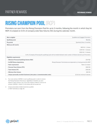 PRÜFORMANCE REWARDS
Version 1.7 © Copyright 2014-2017 Pruvit Ventures, Inc. // PAGE 23
PARTNER REWARDS
Rising Champion Pool (RCP)
Promoters can earn from the Rising Champion Pool for up to 3 months, following the month in which they hit
MVP. It is based on 0.5% of company wide New Volume (NV) during the calendar month.
Who is eligible Qualified and Engaged Promoters
Qualifying cycle Monthly
Pay period Quarterly (Every 3 months)
What you will receive
800 NV = 1 share
1200 NV = 3 shares
3000 NV = 5 shares
0.5% of company NV during the qualifying cycle will be divided between total number of Shares earned by all Promoters
Eligibility requirements
- Minimum Personal Qualifying Volume (PQV) 100 PQV
- Go MVP Bonus dependency Rising Champion Pool shares are dependent on having earned Go MVP
- Rank requirement Rank 3 or above
- Personal Team Volume (PTV) 1600 BV
- Team Volume (TV) 2000 BV
- Minimum New Volume 800 NV
- Unique personally enrolled Customers (who place a commissionable) order) Qt 10 (no minimum volume)
1.	 You must achieve 100PQV in each qualifying cycle in order to receive
the Rising Champion Pool bonus, regardless of whether you earn
shares in each month or not. If you earn shares in Month 1 but do not
achieve 100PQV in Month 3, the shares will not be paid out.
2.	 Unique personally enrolled Customers qualifier:
a.	Refer footnotes on page 26.
 
