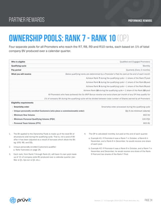 PRÜFORMANCE REWARDS
Version 1.7 © Copyright 2014-2017 Pruvit Ventures, Inc. // PAGE 24
PARTNER REWARDS
Ownership Pools: Rank 7 - rank 10 (op)
Four separate pools for all Promoters who reach the R7, R8, R9 and R10 ranks, each based on 1% of total
company BV produced over a calendar quarter.
Who is eligible Qualified and Engaged Promoters
Qualifying cycle Monthly
Pay period Quarterly (Every 3 months)
What you will receive 	 Below qualifying ranks are determined by a Promoter’s Paid As rank at the end of each month
Achieve Rank 7 during the qualifying cycle = 1 share of the Rank 7 pool
Achieve Rank 8 during the qualifying cycle = 1 share of the Rank 8 pool
Achieve Rank 9 during the qualifying cycle = 1 share of the Rank 9 pool
Achieve Rank 10 during the qualifying cycle = 1 share of the Rank 10 pool
All Promoters who have achieved the Go MVP Bonus receive one extra share per month of any OP they qualify for
1% of company BV during the qualifying cycle will be divided between total number of Shares earned by all Promoters
Eligibility requirements
- Smartship order Smartship order processed during the qualifying cycle
- Unique personally enrolled Customers (who place a commissionable order) Qty 5 (no minimum volume)
- Minimum New Volume 800 NV
- Minimum Personal Qualifying Volume (PQV) 100 PQV
- Personal Team Volume (PTV) 800 BV
1.	 The BV applied to the Ownership Pools is made up of the total BV of
all products sold during the qualifying cycle. That is, not a pool of BV
after it has been adjusted as a result of bonuses which dilute the BV.
eg. GFB, RB, and EB).
2.	 Unique personally enrolled Customers qualifier:
a.	Refer footnotes on page 26.
3.	 Each rank, from Rank-7 through Rank-10, will have it’s own pool made
up of 1% of company wide BV produced over a calendar quarter (Jan-
Mar is Q1, Apr-Jun is Q2, etc.).
4.	 The OP is calculated monthly, but paid at the end of each quarter.
a.	Example #1: If Promoter-A was a Rank-7 in October, a Rank-8 in
November, and a Rank-9 in December, he would receive one share
of each pool.
b.	Example #2: If Promoter-A was a Rank-9 in October, and a Rank-7 in
November and December, he would receive one share of the Rank-
9 Pool and two shares of the Rank-7 Pool.
 