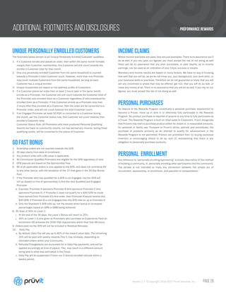 PRÜFORMANCE REWARDS
Version 1.7 © Copyright 2014-2017 Pruvit Ventures, Inc. // PAGE 26
ADDITIONAL FOOTNOTES AND DISCLOSURES
Unique personally enrolled Customers
The footnotes below pertain to all 'Unique Personally Enrolled Customer' qualifiers.
1.	 If a Customer enrolls and places an order, then within the same month formally
resigns their Customer membership, this Customer will still count towards the
enroller’s Customer total for that month.
2.	 Only one personally enrolled Customer from the same household is counted
towards a Promoter’s total Customer count. However, more than one Promoter
may count multiple Customers from the same household, as long as each
Customer has a unique enroller.
3.	 Unique households are based on the address profile of Customers.
4.	 If a Customer places an order then at least 2 hours later in the same month
enrolls as a Promoter, the Customer will still count towards the Customer total of
the Promoter who enrolled them as a Customer regardless of who subsequently
enrolled them as a Promoter. If this Customer enrolls as a Promoter less than
2 hours after they enrolled as a Customer, then the order will be converted to a
Promoter order, and will not count towards the total Customer count.
5.	 If an Engaged Promoter (at least 50 PQV) is converted to a Customer during
the month, per the Customer status rule, this Customer will count towards their
enroller’s Customer total.
Customer Status Rule: All Promoters who have produced Personal Qualifying
Volume but have no community volume, nor has earned any income, during three
qualifying cycles, will be converted to the status of Customer.
go FAst Bonus
1.	 Smartship orders are not counted towards the GFB.
2.	 30 days starts from date of enrollment.
3.	 Any product order with a BV value is applicable.
4.	 All Commission Qualified Promoters are eligible for the GFB regardless of rank.
5.	 GFB payouts are based on the Sponsorship Tree.
6.	 BV of all applicable orders is only applied to the GFB, and does not contribute BV
to any other bonus, with the exception of the 1% that goes in the 30 Day Bonus
Pool.
7.	 If the Promoter who has qualified for a GFB is not Engaged, his/her GFB will
roll up (based on line of sponsorship) to find the next Qualified and Engaged
Promoter.
a.	 Example: Promoter-A sponsors Promoter-B who sponsors Promoter-C who
sponsors Promoter-D. If Promoter-C does not qualify for a $40 GFB he could
have earned from Promoter-D’s first order, then Promoter-B would receive this
$40 GFB. If Promoter-B is not Engaged then the GFB rolls on up to Promoter-A.
b.	 Only the Standard % GFB rolls up, not the double direct bonus or increased
percentages based on GPB or GMB being achieved.
8.	30 Days of 40% on Level 1:
i.	 At the end of the 30 days, the Level 1 Bonus will revert to 20%.
j.	 40% on Level 1 is only given to Promoters who purchase an Experience Pack on
enrollment OR achieves the 2000 PQV requirement within their first 48 hours.
9.	Orders paid via the GFB will not be included in Residual Bonuses.
10.	 Daily Pay
a.	 By default, Daily Pay will pay up to 80% of the reward value daily. The remaining
20% will be paid with weekly rewards.This % may increase, depending on
refunded orders within your Community.
b.	 Refunds/Chargebacks are accounted for in Daily Pay payments, and will be
applied accordingly at time of payout. This may result in a different amount
being paid to what was estimated in the Cloud.
c.	 Daily Pay will be suspended if there are 3 directly enrolled refunds within a
weekly period.
Income claims
Where income examples are used, they are just examples. There is no assurance you’ll
do as well. If you rely upon our figures; you must accept the risk of not doing as well
there can be no assurance that any prior successes, or past results, as to income
earnings, can be used as an indication of your future success or results.
Monetary and income results are based on many factors. We have no way of knowing
how well that you will do, as we do not know you, your background, your work ethic, or
your business skills or practices. Therefore we do not guarantee or imply that you will
win any incentives or prizes that may be offered, get rich, that you will do as well, or
make any money at all. There is no assurance that you will do as well. If you rely on our
figures; you must accept the risk of not doing as well.
personal purchases
No feature of the Rewards Program constitutes a personal purchase requirement to
become a Pruver, move up in rank in or otherwise fully participate in the Rewards
Program. No product purchase is required of anyone at any time to fully participate as
a Pruver. The Rewards Program is built on retail sales to Customers. Prüvit recognizes
that Prüvers may wish to purchase product either for resale or, in reasonable amounts,
for personal or family use. Pursuant to Pruvit’s terms, policies and procedures, the
purchase of products primarily as an attempt to qualify for advancement in the
Rewards Program is not permitted. Prüvers are prohibited from (1) buying excessive
inventory or encouraging others to do so, and (2) representing that there is any
obligation to personally purchase products,
Personal enrollment
Any reference to “personally enrolling/sponsoring” is simply descriptive of the method
of building a community, ie. personally enrolling other participants into the community.
The phrase is not intended to imply any connection between the simple act of
recruitment, sponsorship, or enrollment, and payment of compensation.”
ARE YOU READY TO BECOME A
PRUVIT PROMOTER?
NEED MORE INFO OR HELP?
CONTACT ME I AM A INDEPENDANT
PRUVIT PROMOTER
TEAM KETO COACH - CLICK HERE
 