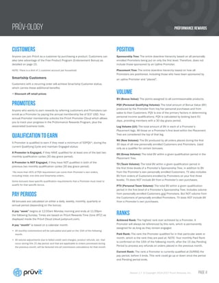 PRÜFORMANCE REWARDS
Version 1.7 © Copyright 2014-2017 Pruvit Ventures, Inc. // PAGE 4
PRÜV-OLOGY
CUSTOMERS
Anyone can join Prüvit as a customer by purchasing a product. Customers can
also take advantage of the Free Product Program (Endorsement Bonus) as
detailed on page 15.
NOTE: There is a limit of 1 customer account per household.
Smartship Customers
Customers with a recurring order will achieve Smartship Customer status,
which carries these additional benefits:
• Discount off retail prices
Promoters
Anyone who wants to earn rewards by referring customers and Promoters can
enroll as a Promoter by paying the annual membership fee of $37 USD. Your
annual Promoter membership unlocks the Prüvit Promoter Cloud which allows
you to track your progress in the Prüformance Rewards Program, plus the
associated business tools.
Qualification to earn
A Promoter is qualified to earn if they meet a minimum of 50PQV*, during the
current Qualifying Cycle and maintain Engaged status:
A Promoter is Engaged, if they HAVE qualified for at least one of the last two
monthly qualification cycles (30 day grace period).
A Promoter is NOT Engaged, if they have NOT qualified in both of the
previous two monthly qualification cycles (30 day grace period).
*No more than 40% of PQV requirement can come from Promoter’s own orders,
including initial, one-time and Smartship orders..
Some bonuses have specific qualification requirements that a Promoter must meet to
qualify for that specific bonus.
Pay periods
All bonuses are calculated on either a daily, weekly, monthly, quarterly or
annual period (depending on the bonus).
A pay “week” begins at 12:00am Monday morning and ends at 11:59pm
the following Sunday. Times are based on Prüvit Rewards Time Zone (RTZ) as
displayed inside the Prüvit Cloud (cloud.justpruvit.com).
A pay “month” is based on a calendar month.
•	 All monthly commissions will be calculated and paid on the 15th of the following
month.
•	 All volume adjustments due to failed credit card charges, product refunds, etc. that
occur during this 15 day period, and that are applicable to orders processed during
the previous month, will be factored into all commission calculations for that month.
Position
Sponsorship Tree: The entire downline hierarchy based on all personally
enrolled Promoters being put on only the first level. Therefore, does not
include those sponsored by an Upline Promoter.
Placement Tree: The entire downline hierarchy based on how all
Promoters are positioned, including those who have been sponsored by
an upline Promoter and “placed”.
Volume
BV (Bonus Value): The points assigned to all commissionable products.
PQV (Personal Qualifying Volume): The total amount of Bonus Value (BV)
produced by the Promoter from his/her personal purchases and from
sales to their Customers. PQV is one of the primary factors in determining
personal income qualifications. PQV is calculated by looking back 61
days, providing members with a 30 day grace period.
Leg Volume (LV): The total amount of BV in each of a Promoter’s
Placement legs. All those on a Promoter’s first level within the Placement
Tree are considered the top of that leg.
NV (New Volume): The BV produced by all orders placed during the first
30 days of all new personally enrolled Customers and Promoters. Used
only as a qualifier for certain bonuses.
GV (Group Volume): The total BV within a given qualification period in the
Placement Tree.
TV (Team Volume): The total BV within a given qualification period in
the first three levels of a Promoter’s Sponsorship Tree, in addition to BV
from the Promoter’s own personally enrolled Customers. TV also includes
BV from orders of Customers enrolled by Promoters on your first three
levels). TV does NOT include BV from a Promoter’s own purchases.
PTV (Personal Team Volume): The total BV within a given qualification
period in the first level of a Promoter’s Sponsorship Tree. Includes volume
from personally enrolled Customers and Promoters. But NOT volume from
the Customers of personally enrolled Promoters. TV does NOT include BV
from a Promoter’s own purchases.
Ranks
Achieved Rank: The highest rank ever achieved by a Promoter. A
Promoter will always be referenced by this rank, which is permanently
assigned for as long as they remain engaged.
Paid Rank: The rank the Promoter qualified for in that particular week or
month, which is the rank they are paid at. NOTE: Your monthly Paid Rank
is confirmed on the 15th of the following month, after the 15 day Pending
Period to process any refunds on orders placed in the previous month.
Current Rank: The rank a Promoter is currently qualified at DURING the
pay period, before it ends. This rank could go up or down once the period
and Pending period ends.
 