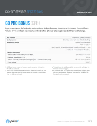 PRÜFORMANCE REWARDS
Version 1.7 © Copyright 2014-2017 Pruvit Ventures, Inc. // PAGE 9
KICK-OFF REWARDS FIRST 30 DAYS
GO PRO Bonus (GPB)
Pays a cash bonus, Prüvit Bucks and additional Go Fast Bonuses, based on a Promoter’s Personal Team
Volume (PTV) and Team Volume (TV) within the first 14 days following the start of their Go Challenge.
1.	$250 cash bonus is paid the following weekly pay period within which
the GPB was achieved.
2.	The Go Fast Bonus increase will commence at the conclusion of the first
calendar week that does not contain any of the Promoter’s first 14 days,
after the GPB was achieved.
a.	This additional Go Fast Bonus will be permanent for as long as the
Promoter remains Engaged.
b.	If a Promoter goes not Engaged, and then becomes Engaged again,
the extra percentage on levels two, three and four of the Go Fast
Bonus will not be reinstated.
Who is eligible Qualified and Engaged Promoters
Qualifying cycle 14 full days following the start of the Go Challenge
What you will receive One-time $250 cash bonus
$100 Prüvit Bucks
Level 2 and 3 of Go Fast Bonus doubled (Level 2 = 10%, Level 3 = 20%)
Level 4 at 5% will be added to Go Fast Bonus
Eligibility requirements
- Minimum Personal Qualifying Volume (PQV) 100 PQV in the last month
- Personal Team Volume (PTV) 800 BV
- Unique personally enrolled Customers (who place a commissionable order) Qty 2 (no minimum volume)
- Team Volume 1000 TV
 