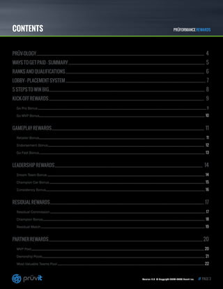 PRÜFORMANCE REWARDS
Version 1.0 © Copyright 2014-2015 Pruvit Inc. // PAGE 3
CONTENTS
PRÜV-OLOGY..............................