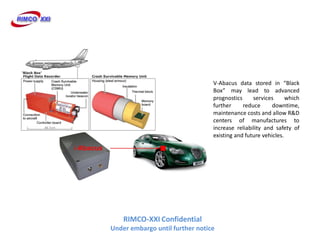 V-Abacus data stored in Black
                                 Box may lead to advanced
                                 prognostics     services      which
                                 further     reduce      downtime,
                                 maintenance costs and allow R&D
                                 centers of manufactures to
                                 increase reliability and safety of
                                 existing and future vehicles.




    RIMCO-XXI Confidential
Under embargo until further notice
 