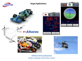 Target Applications




    RIMCO-XXI Confidential
Under embargo until further notice
 