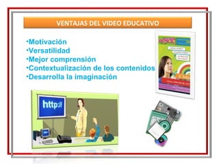 Motivación Versatilidad Mejor comprensión Contextualización de los contenidos Desarrolla la imaginación VENTAJAS DEL VIDEO EDUCATIVO 