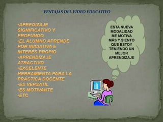 VENTAJAS DEL VIDEO EDUCATIVOESTA NUEVA  MODALIDAD ME MOTIVA MÁS Y SIENTO QUE ESTOY TENIENDO UN MEJOR APRENDIZAJEAPREDIZAJE SIGNIFICATIVO Y PROFUNDO