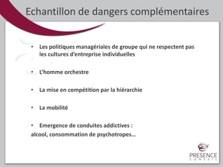 Echantillon de dangers complémentaires
• Les politiques managériales de groupe qui ne respectent pas
les cultures d’entreprise individuelles
• L’homme orchestre
• La mise en compétition par la hiérarchie
• La mobilité
• Emergence de conduites addictives :
alcool, consommation de psychotropes…
 