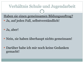 Verhältnis Schule und Jugendarbeit Haben sie einen gemeinsamen Bildungsauftrag? Ja, auf jeden Fall, selbstverständlich! Ja, aber! Nein, sie haben überhaupt nichts gemeinsam! Darüber habe ich mir noch keine Gedanken gemacht! 