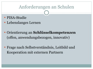 Anforderungen an Schulen PISA-Studie Lebenslanges Lernen Orientierung an  Schlüsselkompetenzen   (offen, anwendungsbezogen, innovativ) Frage nach Selbstverständnis, Leitbild und Kooperation mit externen Partnern 