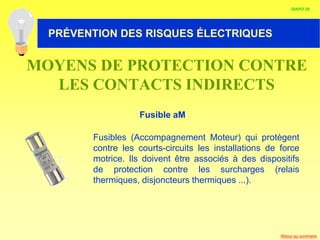 HABILITATION ELECTRIQUE
MOYENS DE PROTECTION CONTRE
LES CONTACTS INDIRECTS
Fusible aM
Fusibles (Accompagnement Moteur) qui protègent
contre les courts-circuits les installations de force
motrice. Ils doivent être associés à des dispositifs
de protection contre les surcharges (relais
thermiques, disjoncteurs thermiques ...).
DIAPO 29
PRÉVENTION DES RISQUES ÉLECTRIQUES
Retour au sommaire
 