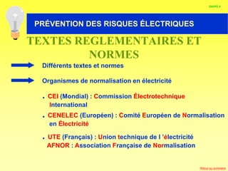 HABILITATION ELECTRIQUE
Différents textes et normes
Organismes de normalisation en électricité
. CEI (Mondial) : Commission Électrotechnique
International
. CENELEC (Européen) : Comité Européen de Normalisation
en Électricité
. UTE (Français) : Union technique de l ’électricité
AFNOR : Association Française de Normalisation
TEXTES REGLEMENTAIRES ET
NORMES
DIAPO 4
PRÉVENTION DES RISQUES ÉLECTRIQUES
Retour au sommaire
 