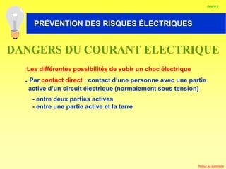 HABILITATION ELECTRIQUE
Les différentes possibilités de subir un choc électrique
. Par contact direct : contact d’une personne avec une partie
active d’un circuit électrique (normalement sous tension)
- entre deux parties actives
- entre une partie active et la terre
DANGERS DU COURANT ELECTRIQUE
DIAPO 8
PRÉVENTION DES RISQUES ÉLECTRIQUES
Retour au sommaire
 