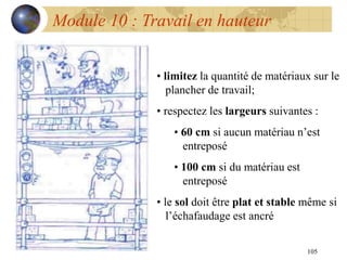 105
Module 10 : Travail en hauteur
• limitez la quantité de matériaux sur le
plancher de travail;
• respectez les largeurs suivantes :
• 60 cm si aucun matériau n’est
entreposé
• 100 cm si du matériau est
entreposé
• le sol doit être plat et stable même si
l’échafaudage est ancré
 