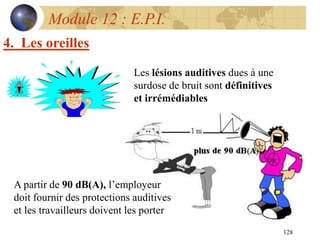 128
Module 12 : E.P.I.
4. Les oreilles
Les lésions auditives dues à une
surdose de bruit sont définitives
et irrémédiables
A partir de 90 dB(A), l’employeur
doit fournir des protections auditives
et les travailleurs doivent les porter
 