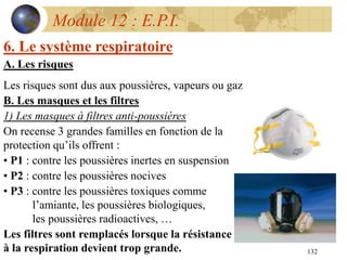 132
Module 12 : E.P.I.
6. Le système respiratoire
A. Les risques
Les risques sont dus aux poussières, vapeurs ou gaz
B. Les masques et les filtres
1) Les masques à filtres anti-poussières
On recense 3 grandes familles en fonction de la
protection qu’ils offrent :
• P1 : contre les poussières inertes en suspension
• P2 : contre les poussières nocives
• P3 : contre les poussières toxiques comme
l’amiante, les poussières biologiques,
les poussières radioactives, …
Les filtres sont remplacés lorsque la résistance
à la respiration devient trop grande.
 