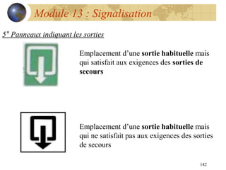142
Module 13 : Signalisation
5° Panneaux indiquant les sorties
Emplacement d’une sortie habituelle mais
qui satisfait aux exigences des sorties de
secours
Emplacement d’une sortie habituelle mais
qui ne satisfait pas aux exigences des sorties
de secours
 