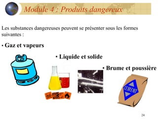 24
Module 4 : Produits dangereux
Les substances dangereuses peuvent se présenter sous les formes
suivantes :
• Gaz et vapeurs
• Liquide et solide
• Brume et poussière
 