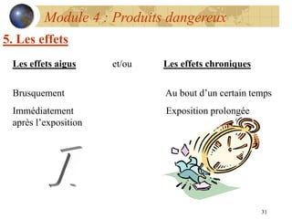 31
Module 4 : Produits dangereux
5. Les effets
Les effets aigus et/ou Les effets chroniques
Brusquement Au bout d’un certain temps
Immédiatement Exposition prolongée
après l’exposition
 